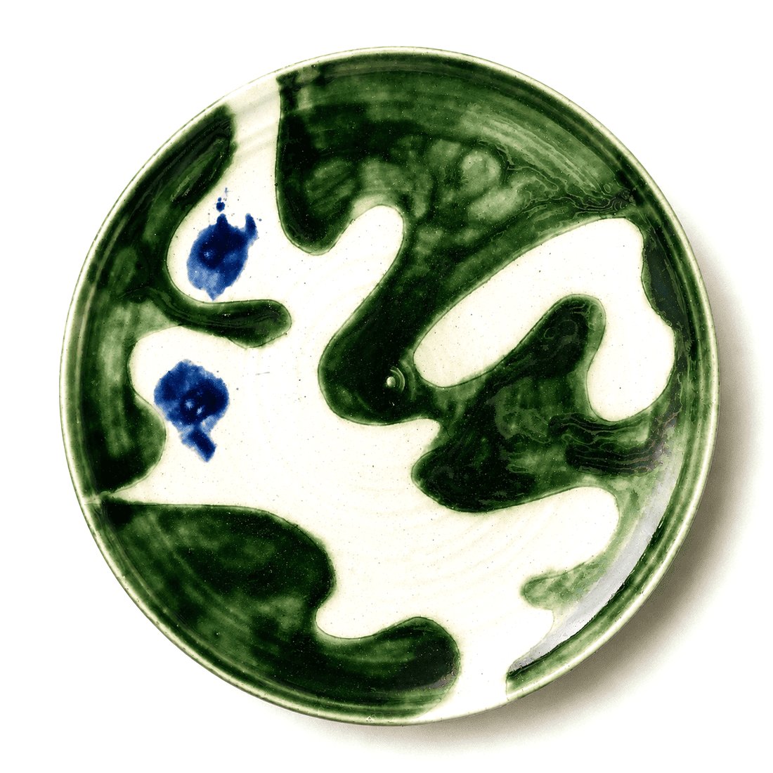 Assiette, motif organique vert profond, touches de bleu