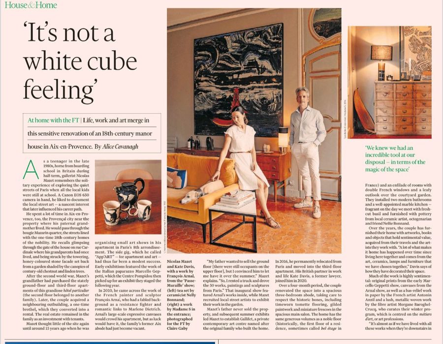 Article du Financial Times, août 2024, sur la maison de Nicolas Mazet et Kate Davis à Aix-en-Provence