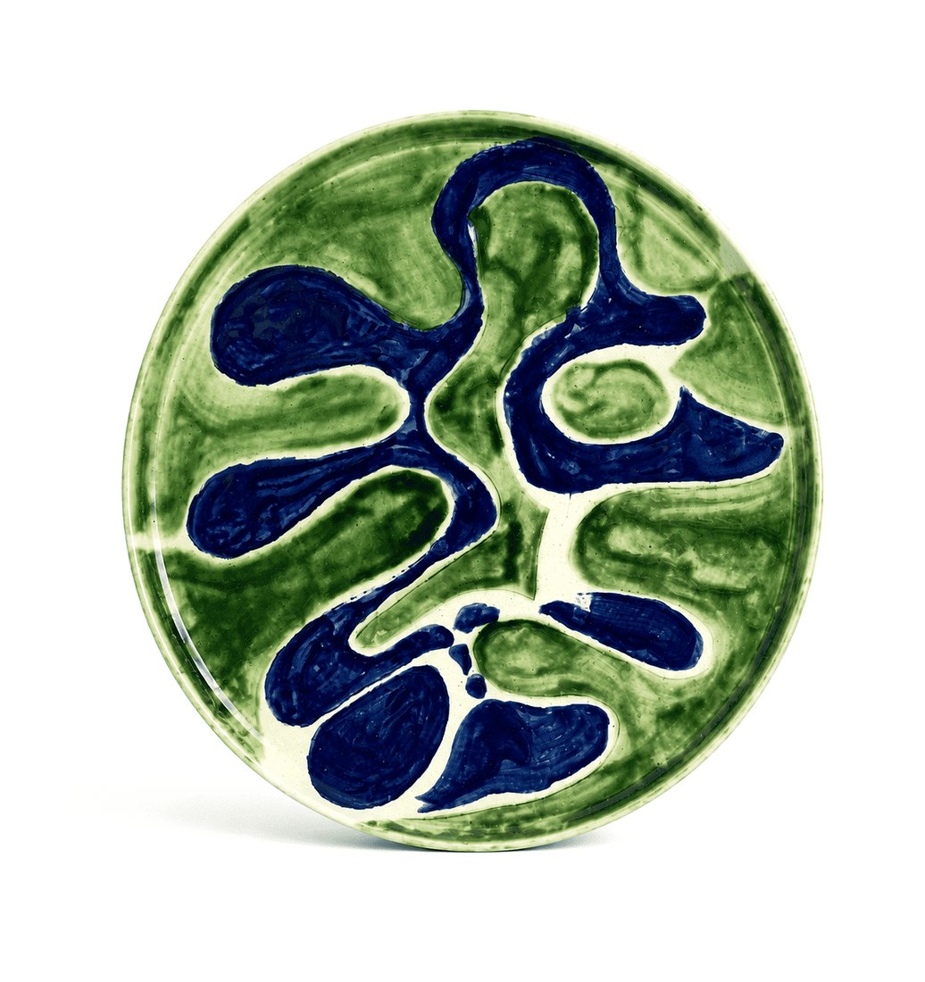 Plat, vert olive et bleu de cobalt sur engobe crème