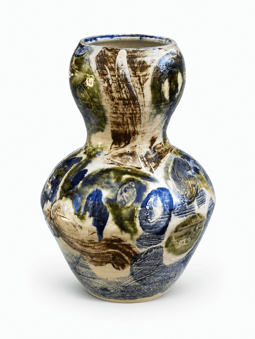 Vase 3 coquillages, bleu de cobalt et vert olive